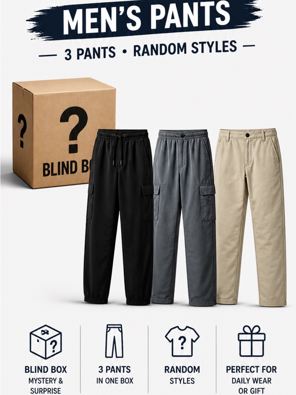 Men's 3-Pack Pants Blind Box - Black, Gray, Khaki